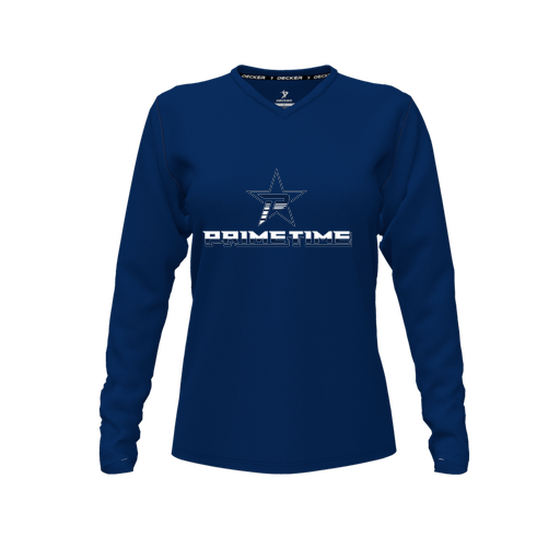 [FTLVCFNV-FYXS-LOGO1] Decker Comfort T-Shirt (Female Youth XS, Navy, V Neck, Logo 1, Long Sleeve)