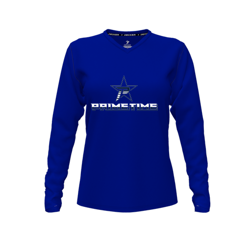 [CUS-DFW-TEES-CMF-VNK-LSL-RYL-FYXS-LOGO1] Decker Comfort T-Shirt (Female Youth XS, Royal, V Neck, Logo 1, Long Sleeve)