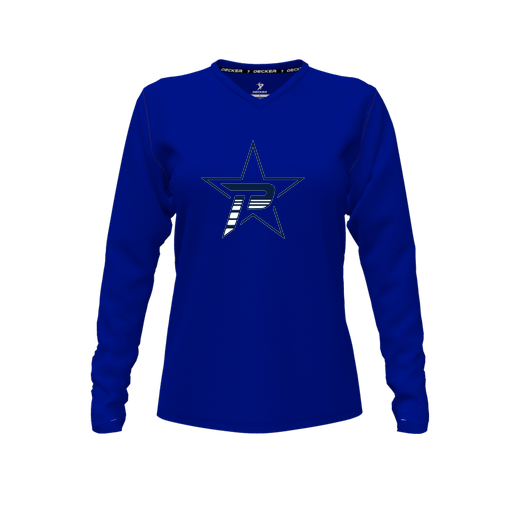 [CUS-DFW-TEES-CMF-VNK-LSL-RYL-FYXS-LOGO2] Decker Comfort T-Shirt (Female Youth XS, Royal, V Neck, Logo 2, Long Sleeve)