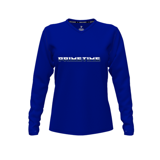 [CUS-DFW-TEES-CMF-VNK-LSL-RYL-FYXS-LOGO3] Decker Comfort T-Shirt (Female Youth XS, Royal, V Neck, Logo 3, Long Sleeve)