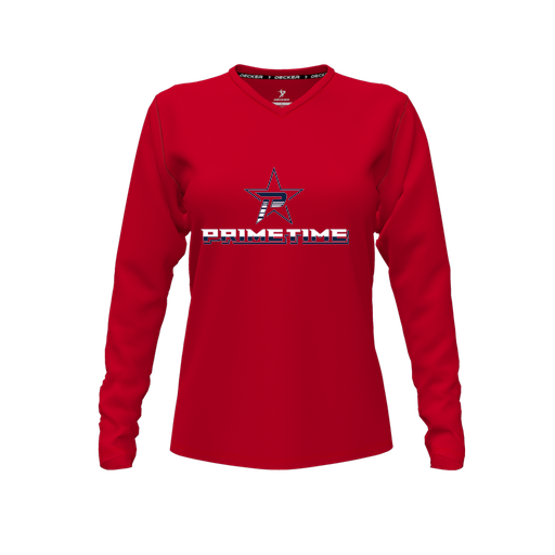 [FTLVCFRD-FYXS-LOGO1] Decker Comfort T-Shirt (Female Youth XS, Red, V Neck, Logo 1, Long Sleeve)