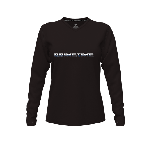 [CUS-DFW-TEES-PER-VNK-LSL-BLK-FYXS-LOGO3] Decker Performance T-Shirt (Female Youth XS, Black, V Neck, Logo 3, Long Sleeve)